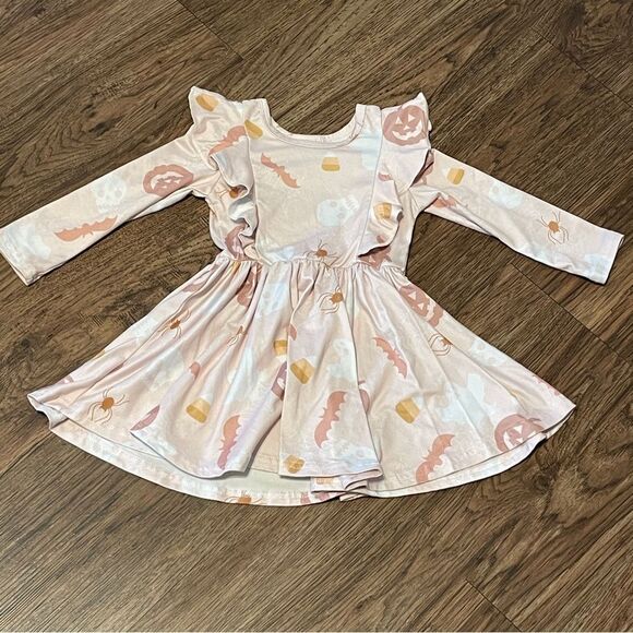 Dot Dot Smile Long Sleeve Halloween Dress Blush Pink White Pumpkin Bats 12-24 Mo - Picture 2 of 12